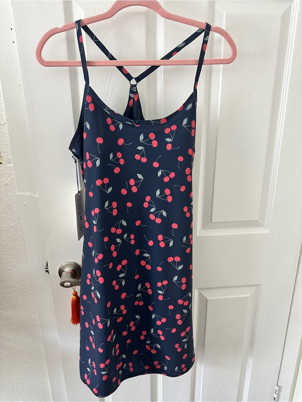 Outdoor Voices Navy Slip Dress with Pink Cherry Print